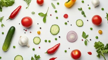 Creative layout made of summer vegetables. Food concept. Tomatoes, onion, cucumber, green peas, garlic, cabbage, chilly pepper, yellow pepper, salad leaves and radish on white background.