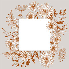 Square card with meadow flowers. Hand drawn line art illustration. Simple vector contour graphics.
