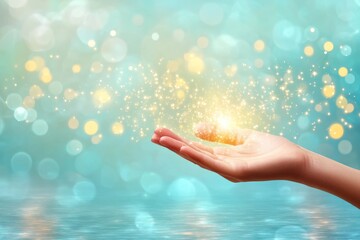 Hands holding sparkling golden light in front of a turquoise bokeh background symbolizing magic creation and the energy of possibility in a serene dreamlike setting
