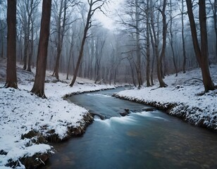 river in winter forest large trees with no leaves