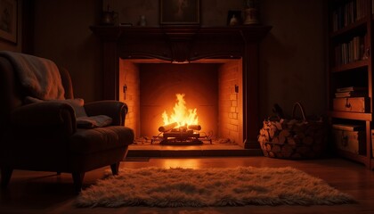 Fototapeta premium Cozy living room with a warm fireplace, plush chair, and soft rug creating an inviting atmosphere