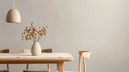A minimalist dining room with a wooden dining table, neutral-tone chairs, and soft beige table linens, creating a natural, cozy atmosphere. 