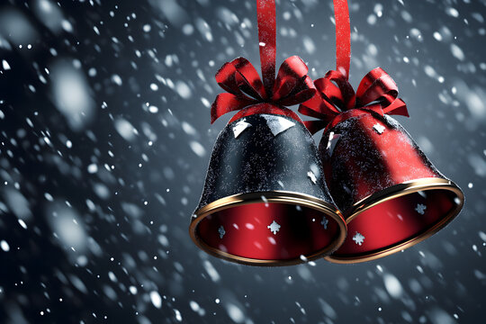 Christmas bells in red and black with a snowy background, 3D illustration