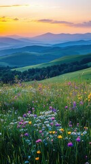 Obraz premium Rolling Hills with Wildflowers and Sunset Glow