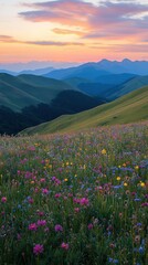 Fototapeta premium Rolling Hills with Wildflowers and Sunset Glow