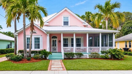 A classic Florida home with a pastel-colored exterior, palm trees in the front yard, and a spacious screened-in porch, exuding a tropical, relaxed vibe.
