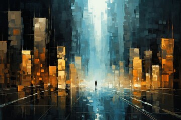 Abstract cityscape featuring geometric shapes and dark lighting for a modern aesthetic