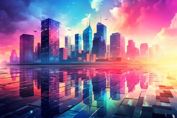 Obraz premium Abstract cityscape featuring geometric building shapes with dark lighting for a modern aesthetic