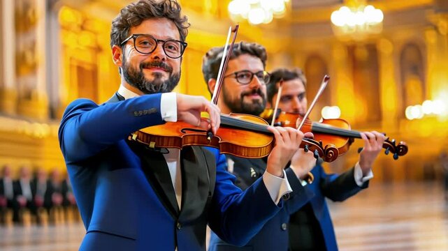 Elegant violinists in blue suits performing in ornate golden concert hall