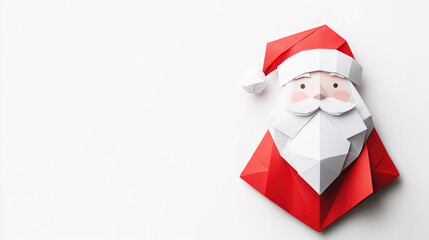 Origami santa claus in red and white paper on minimalist background