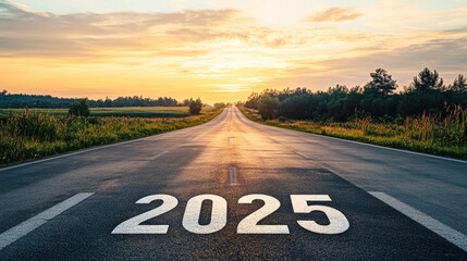 Road towards 2025: a journey into the future under a golden sunset