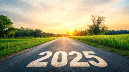 Road to 2025: bright future ahead on a scenic pathway at sunrise