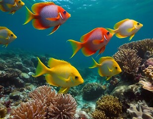 Fototapeta premium coral reef and colorful fish group under water pond lake river and sea