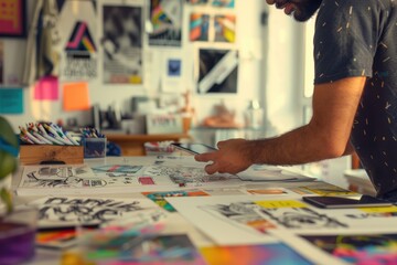Fototapeta premium Graphic Designer Collaborating with Client on Logo Designs in Creative Studio Setting