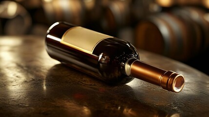 A single bottle of red wine sits on a table with a blurred background of wine barrels.