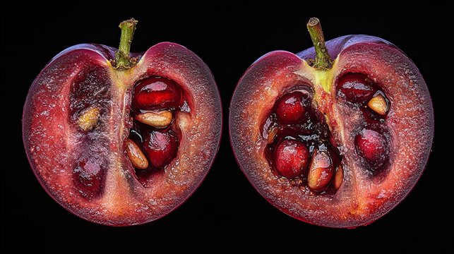 Ripe cambuca fruit halves showing juicy red flesh and seeds on black background