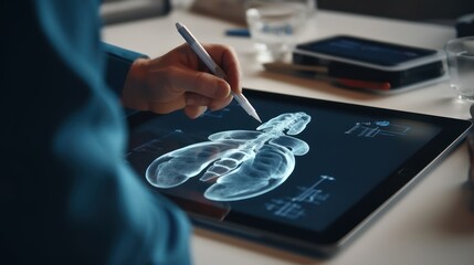 Fototapeta premium Close-up of a Hand Using a Stylus on a Tablet Showing a 3D Model of an Animal's Skeleton