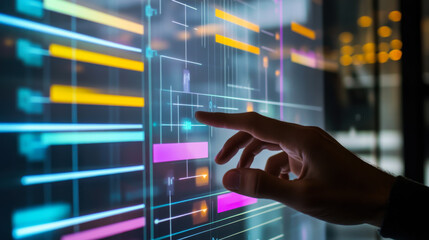 Person interacting with a digital touchscreen display showcasing colorful data visualizations in a modern office setting