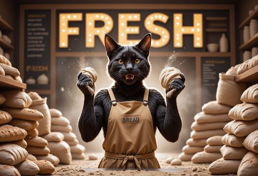 cute cat baker making bread in bakery