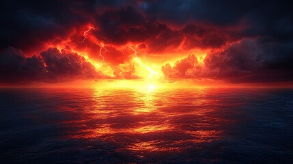 Dramatic sunset with lightning over calm ocean.