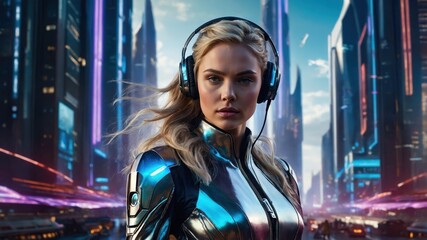 Naklejka premium A woman in the futuristic future of 2100
