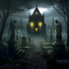 Mysterious Cemetery with Eerie Statues and Gothic Architecture