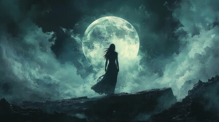 female muse place at the end of a universe with big moon.