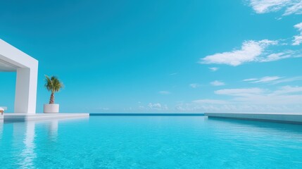 Fototapeta premium Minimalist infinity pool with palm tree and ocean view. Luxury resort concept.