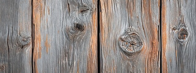 Obraz premium Close-up of weathered wooden planks with knots and grain pattern.