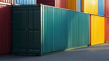 Colorful shipping containers stacked in a vibrant urban setting.