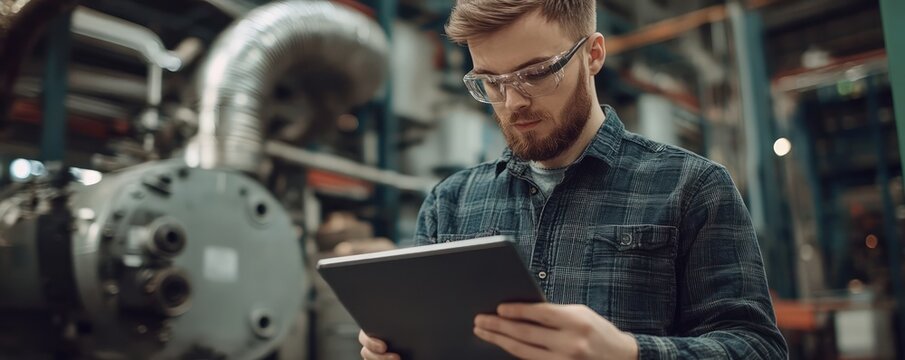 Young engineer inspecting machinery in a factory with a digital tablet, ensuring quality control