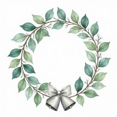 Naklejka premium Watercolor Christmas wreath with green foliage and silver bells isolated on white background. Floral illustration for design, print, fabric or background