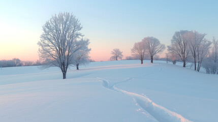 Obraz premium Serene Winter Landscape with Snow-Covered Meadow and Frosty Trees at Sunrise in a Misty Valley. Concept of Winter Calm, Natural Beauty, Seasonal Scenery, Outdoor Tranquility