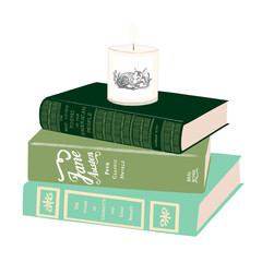 Livro, leitura, literatura, livraria, cultura, estudo, vela, aroma, momento, descanso, hobbie, lazer, viagem, interiores, casa, aconchego, café, caderno, estudar, arte, ilustração, isolado, ornamento