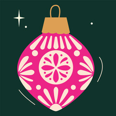 Christmas tree toy with Scandinavian motifs. Vintage baubles. Christmas tree ornament with plant patterns. Xmas holiday toys and decor. Retro Christmas baubles.  Colored flat vector illustration