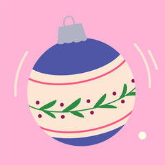 Christmas tree toy with Scandinavian motifs. Vintage baubles. Christmas tree ornament with plant patterns. Xmas holiday toys and decor. Retro Christmas baubles.  Colored flat vector illustration