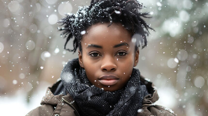 Portrait of a young African American woman in a winter coat and scarf standing in snow, showcasing concepts of winter fashion, seasonal beauty, outdoor cold weather, and serene snowfall