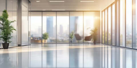 Fototapeta premium Serene Blurred Office Interior Featuring Expansive Panoramic Windows and Contemporary Design Elements for a Modern Work Environment
