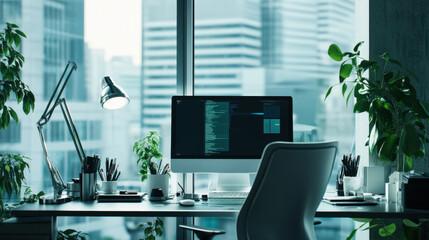 Modern office workspace with computer and tablet overlooking city skyline on a cloudy day