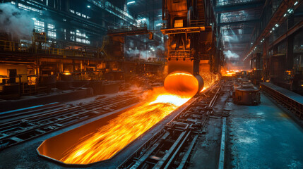 Molten steel flowing in an industrial steel mill at night, showcasing the intense operations of metal casting