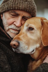 A man gently embraces his loyal Labrador in a moment of tenderness during a chilly afternoon