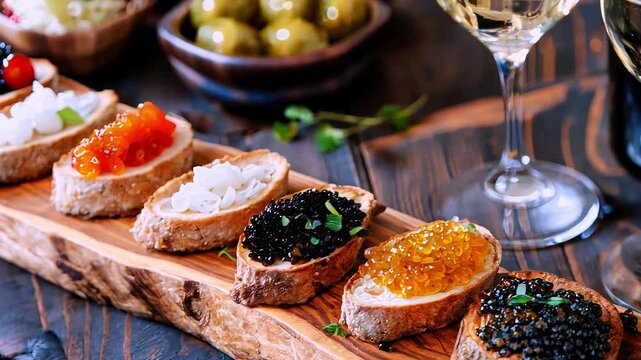 Gourmet caviar and wine pairing on rustic wooden board