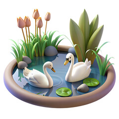 Obraz premium Isometric small pond with a couple of swans and water lilies on it 