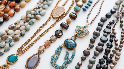 Display a diverse array of necklaces, including delicate chains, statement pieces, gemstone pendants, and intricate beaded designs. Each necklace should highlight unique craftsmanship and style