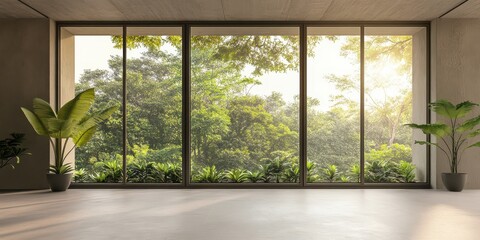 Serene Minimalist Room Bathed in Natural Light with Expansive Windows Overlooking Lush Greenery