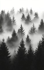 Obraz premium Dense mist envelops tall pine trees in a serene forest landscape at dawn