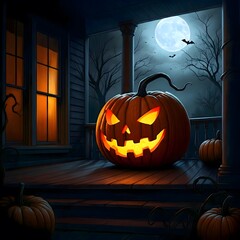Obraz premium Spooky Jack-o'-Lantern on a Haunted Porch at Midnight