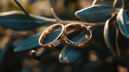 Two elegant wedding rings rest gently in a natural setting, symbolizing the unity of marriage, eternal love, and the connection between human bonds and the beauty of nature