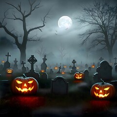 Fototapeta premium Eerie moonlit graveyard with glowing pumpkins and misty atmosphere