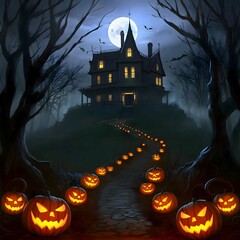 Eerie Halloween Pathway with Glowing Jack-o'-Lanterns